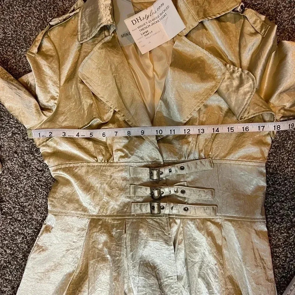 VINTAGE MINUET TRENCHCOAT JACKET GOLD MID KNEE LENGTH CINCHED WAIST NWT LARGE - Picture 10 of 12